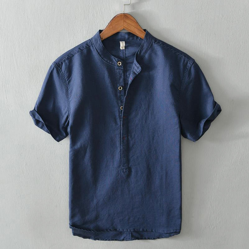 Buddha Stonesカジュアルシンプルデザイン半袖コットンリネンハーフボタンメンズシャツ