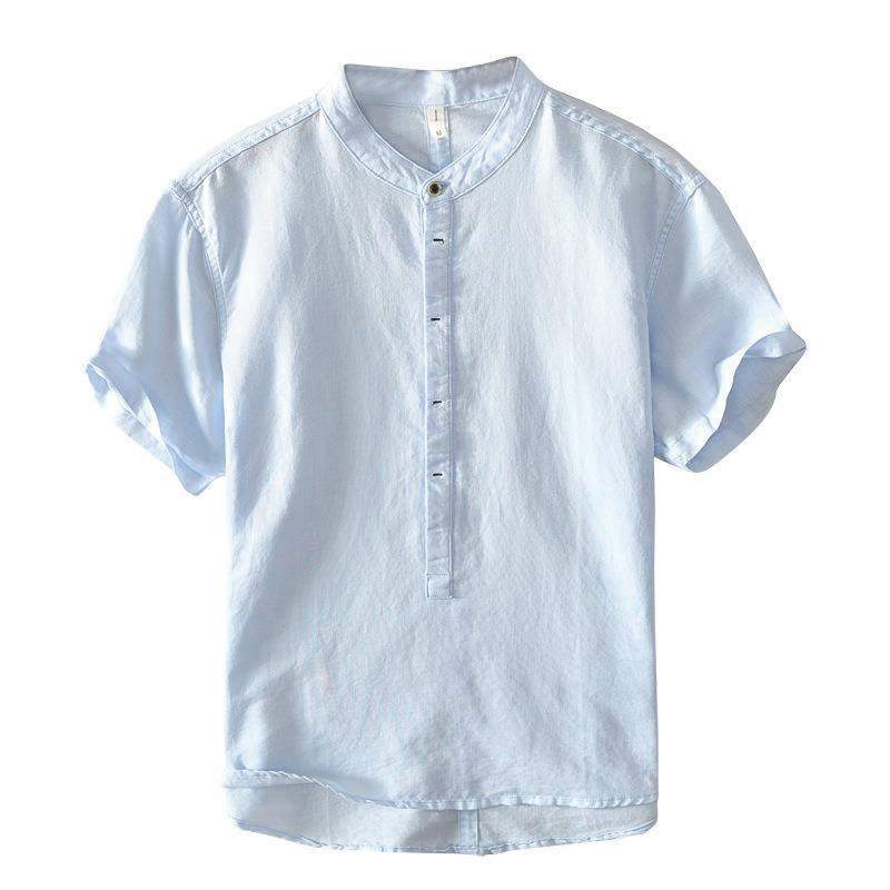 Buddha Stonesカジュアルシンプルデザイン半袖コットンリネンハーフボタンメンズシャツ