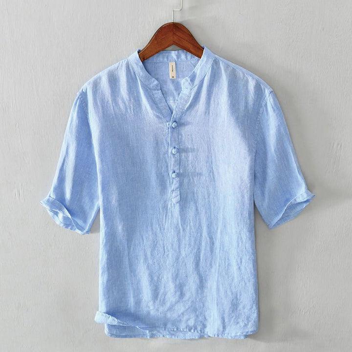 Buddha Stonesデイリー 無地 スタンドカラー 半袖 リネン ハーフボタン メンズシャツ - コーンフラワーブルー - US/UK/AU42、 EU52 (3XL) - image 11