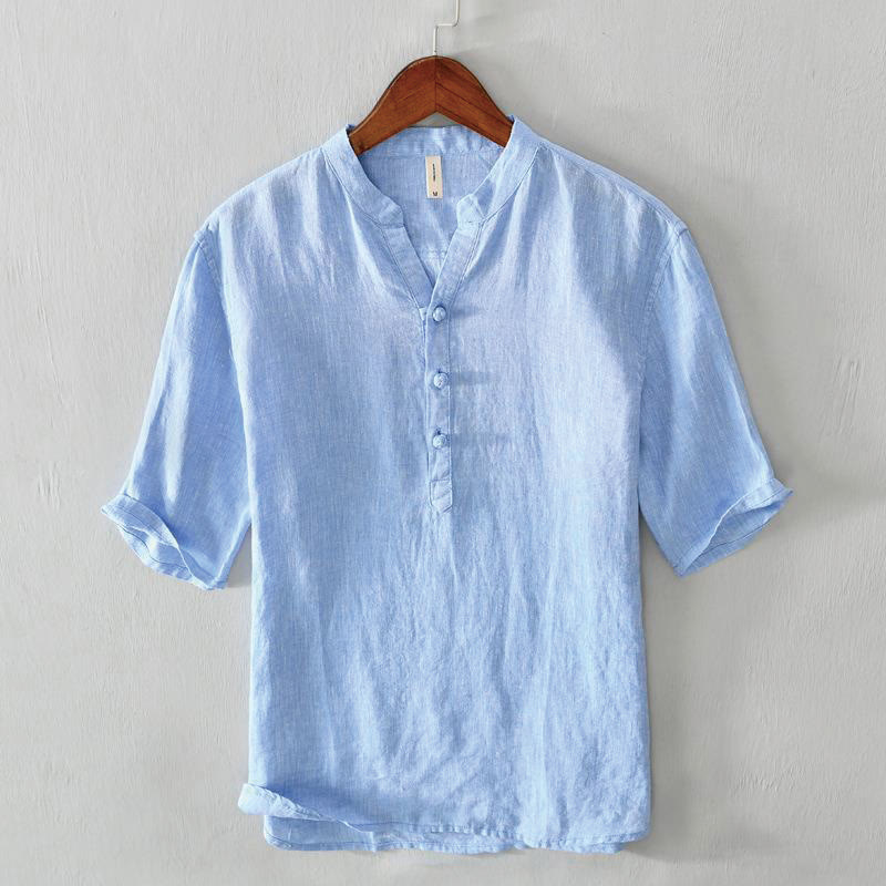 Buddha Stonesデイリー 無地 スタンドカラー 半袖 リネン ハーフボタン メンズシャツ - コーンフラワーブルー - US/UK/AU42、 EU52 (3XL) - image 12