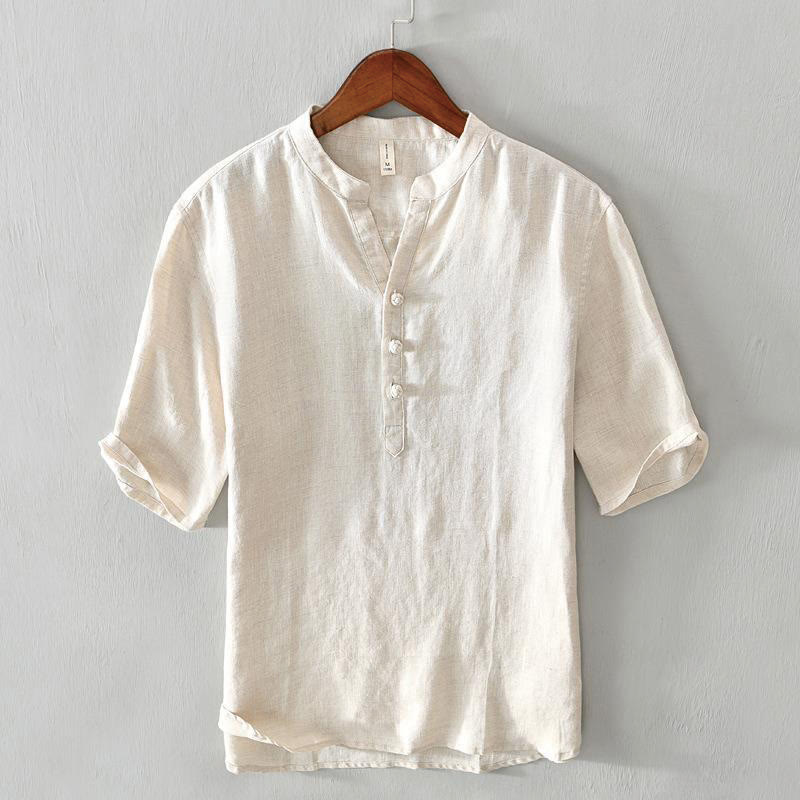 Buddha Stonesデイリー 無地 スタンドカラー 半袖 リネン ハーフボタン メンズシャツ - ライトイエロー - US/UK/AU42、 EU52 (3XL) - image 1