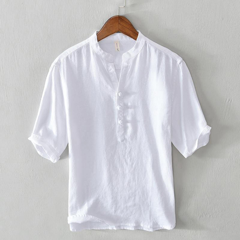 Buddha Stonesデイリー 無地 スタンドカラー 半袖 リネン ハーフボタン メンズシャツ - 白 - US/UK/AU42、 EU52 (3XL) - image 5