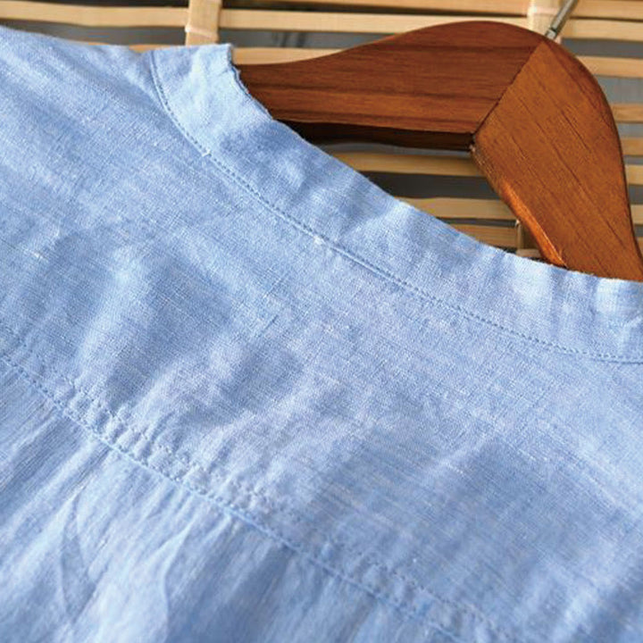 Buddha Stonesデイリー 無地 スタンドカラー 半袖 リネン ハーフボタン メンズシャツ - image 14