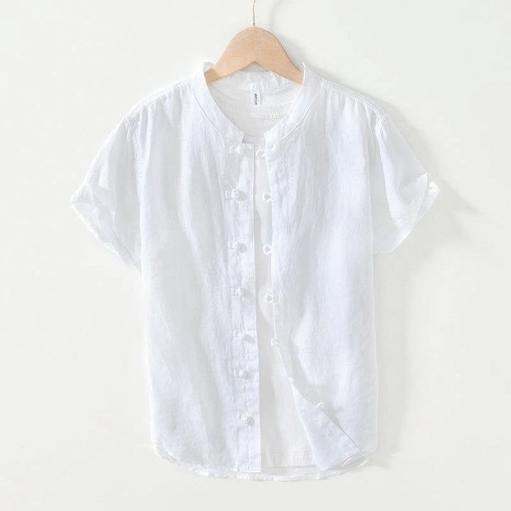 Buddha Stonesデイリーフロッグボタンスタンドカラー半袖リネンメンズシャツ - 白 - US/UK/AU42、 EU52 (3XL) - image 7