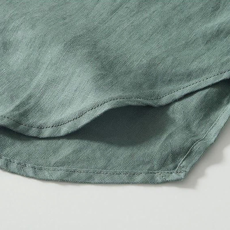 Buddha Stonesデイリーフロッグボタンスタンドカラー半袖リネンメンズシャツ - image 21