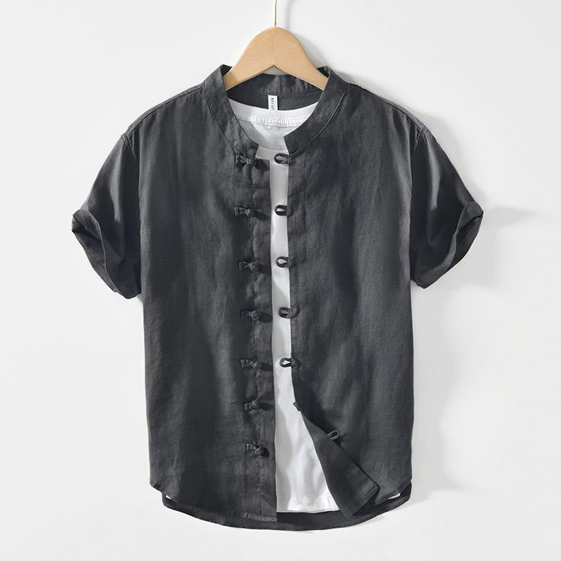 Buddha Stonesデイリーフロッグボタンスタンドカラー半袖リネンメンズシャツ - ディムグレー - US/UK/AU42、 EU52 (3XL) - image 1