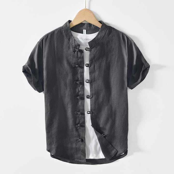 Buddha Stonesデイリーフロッグボタンスタンドカラー半袖リネンメンズシャツ - ディムグレー - US/UK/AU42、 EU52 (3XL) - image 1