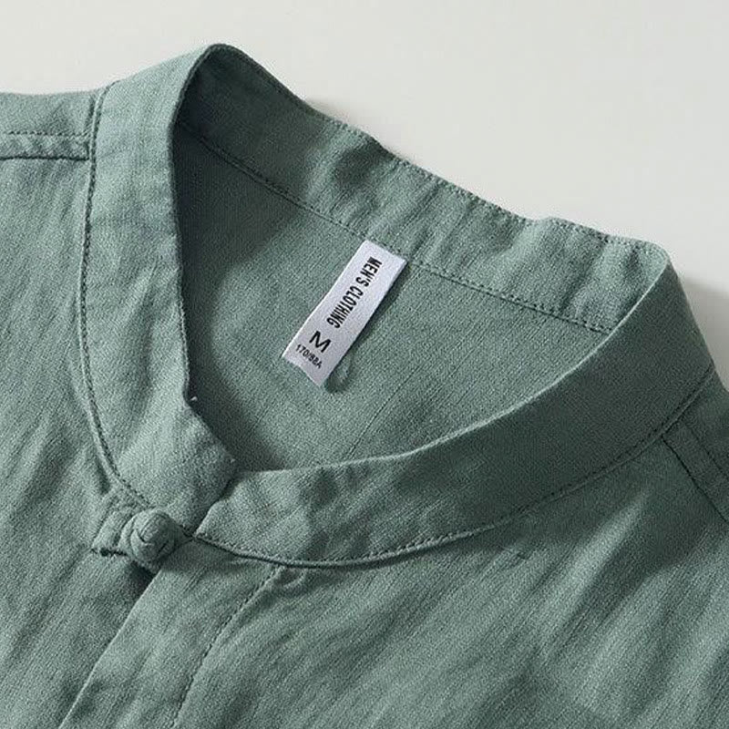 Buddha Stonesデイリーフロッグボタンスタンドカラー半袖リネンメンズシャツ - image 19