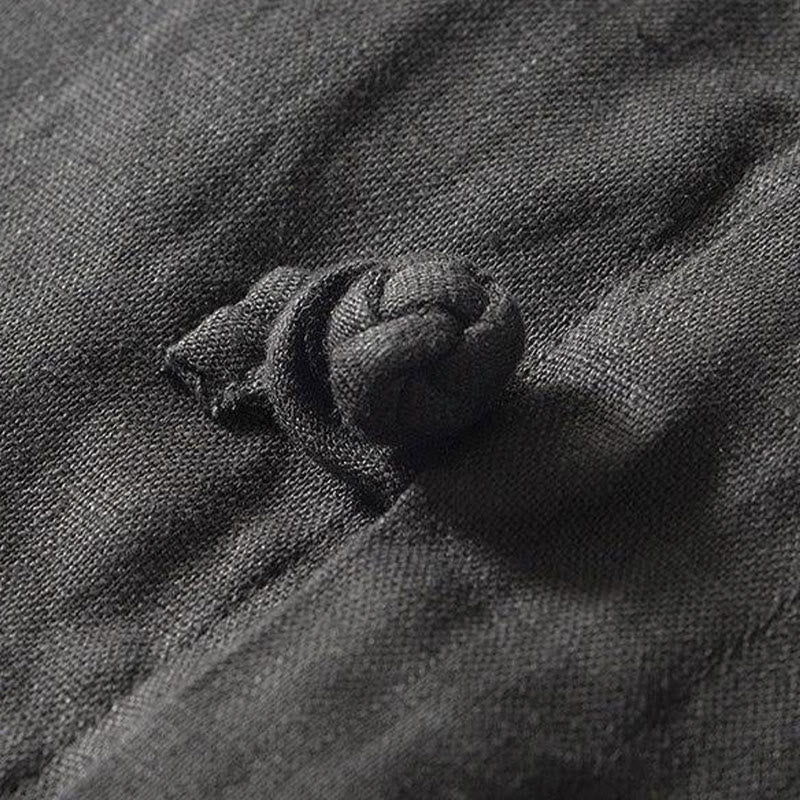 Buddha Stonesデイリーフロッグボタンスタンドカラー半袖リネンメンズシャツ - image 4