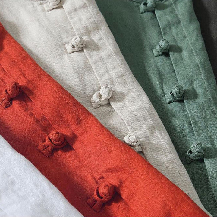 Buddha Stonesデイリーフロッグボタンスタンドカラー半袖リネンメンズシャツ - image 28