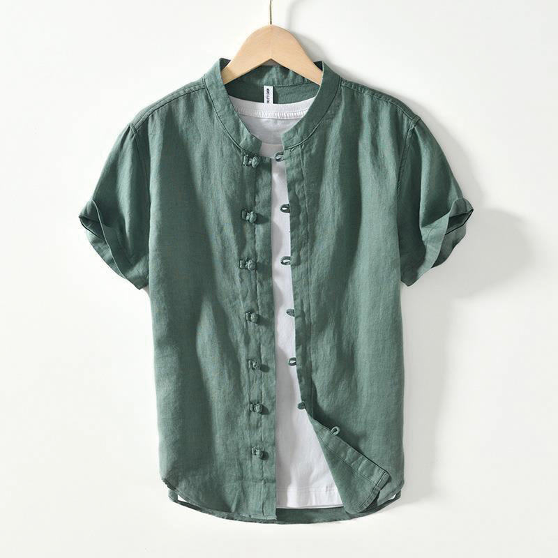 Buddha Stonesデイリーフロッグボタンスタンドカラー半袖リネンメンズシャツ - ミディアムシーグリーン - US/UK/AU42、 EU52 (3XL) - image 19