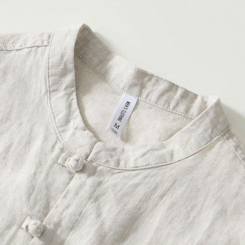 Buddha Stonesデイリーフロッグボタンスタンドカラー半袖リネンメンズシャツ - image 14