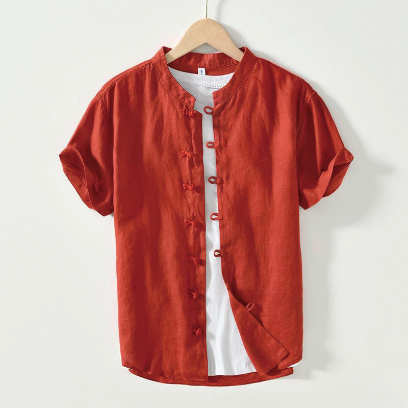 Buddha Stonesデイリーフロッグボタンスタンドカラー半袖リネンメンズシャツ - 赤 - US/UK/AU42、 EU52 (3XL) - image 24