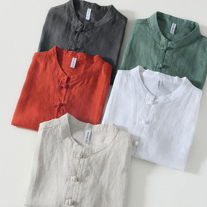 Buddha Stonesデイリーフロッグボタンスタンドカラー半袖リネンメンズシャツ - image 29