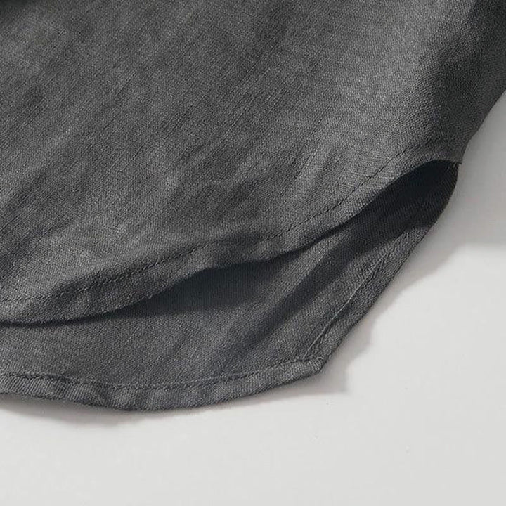 Buddha Stonesデイリーフロッグボタンスタンドカラー半袖リネンメンズシャツ - image 5