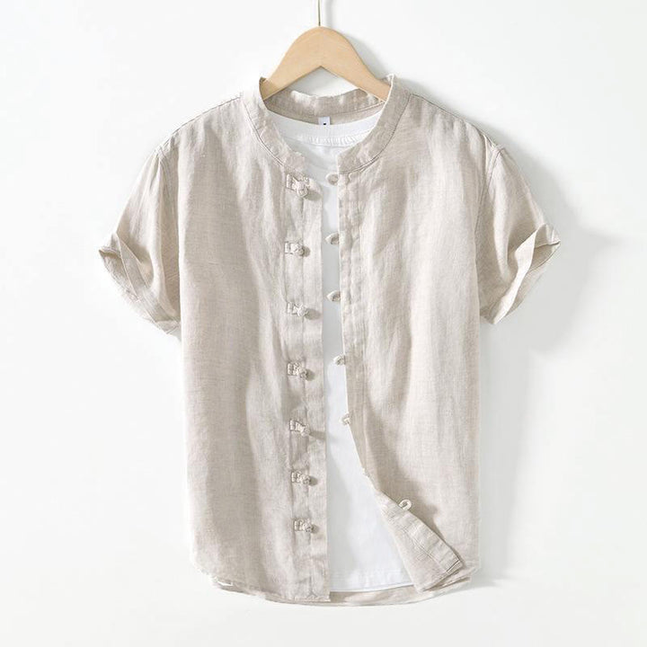 Buddha Stonesデイリーフロッグボタンスタンドカラー半袖リネンメンズシャツ - ライトグレー - US/UK/AU42、 EU52 (3XL) - image 14