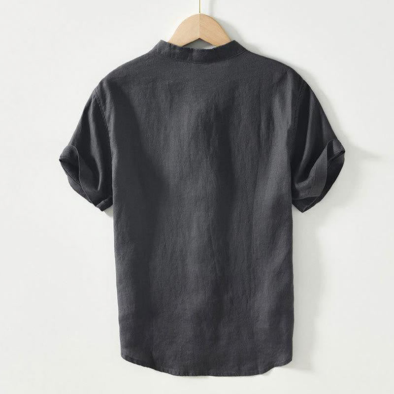 Buddha Stonesデイリーフロッグボタンスタンドカラー半袖リネンメンズシャツ - image 2