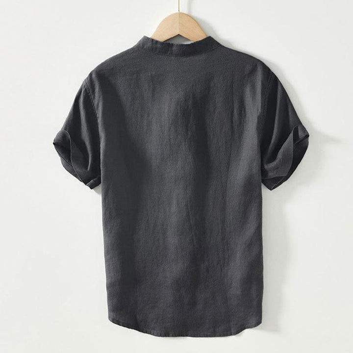 Buddha Stonesデイリーフロッグボタンスタンドカラー半袖リネンメンズシャツ - image 2
