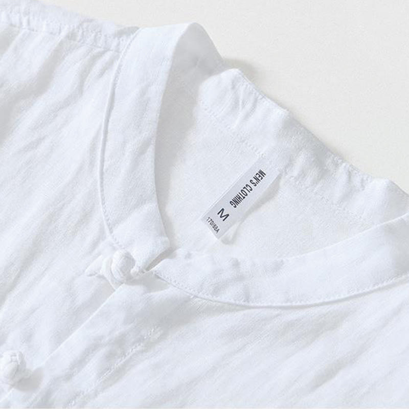 Buddha Stonesデイリーフロッグボタンスタンドカラー半袖リネンメンズシャツ - image 7