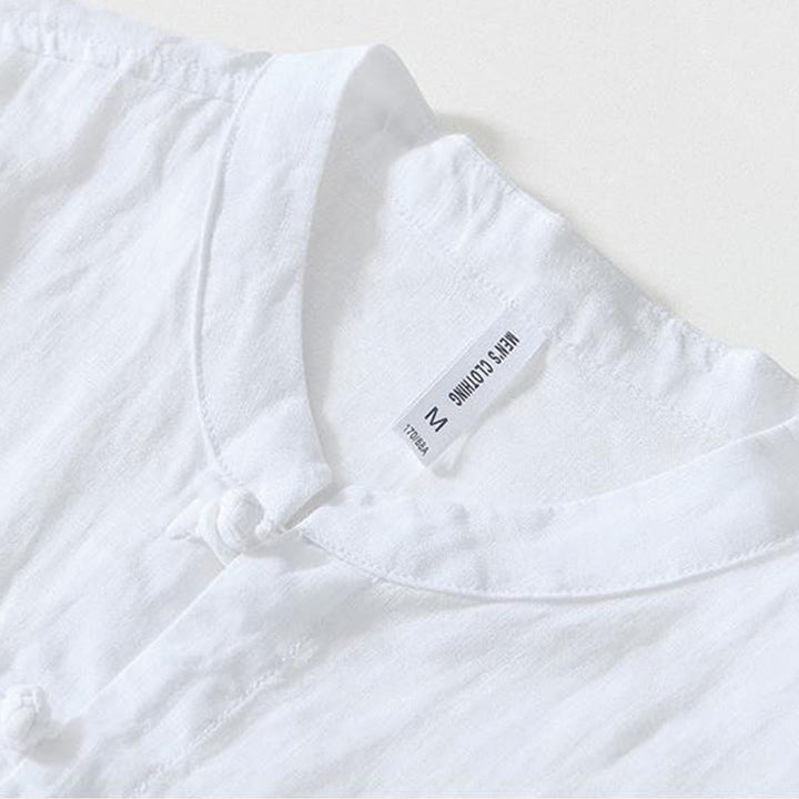 Buddha Stonesデイリーフロッグボタンスタンドカラー半袖リネンメンズシャツ - image 7