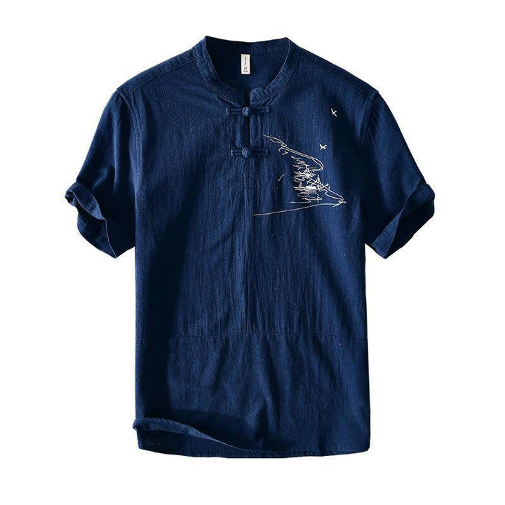 Buddha Stonesカエルボタン マンダリンカラー 刺繍 コットンリネン 半袖 メンズシャツ - image 9