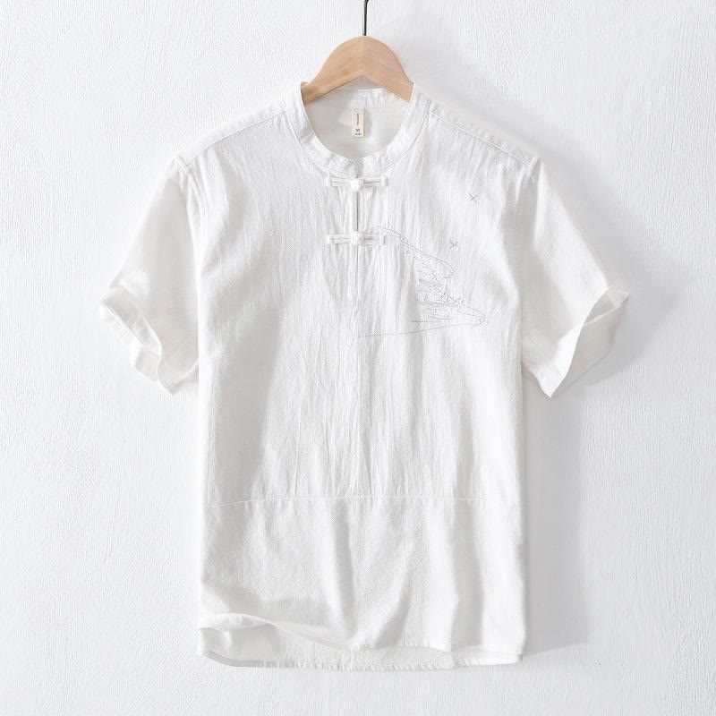 Buddha Stonesカエルボタン マンダリンカラー 刺繍 コットンリネン 半袖 メンズシャツ - 白 - US/UK/AU42、 EU52 (3XL) - image 10