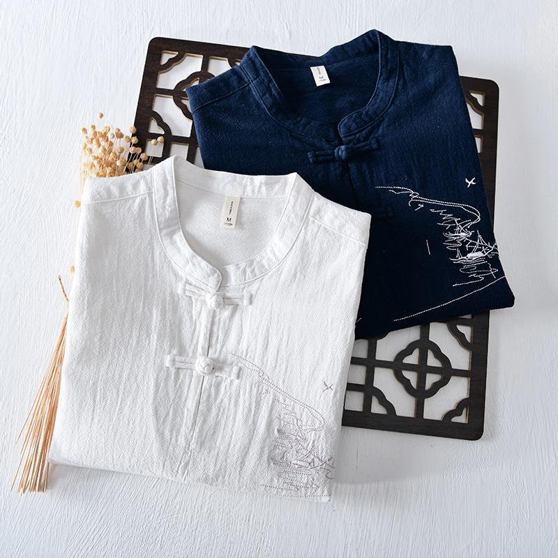 Buddha Stonesカエルボタン マンダリンカラー 刺繍 コットンリネン 半袖 メンズシャツ - image 19