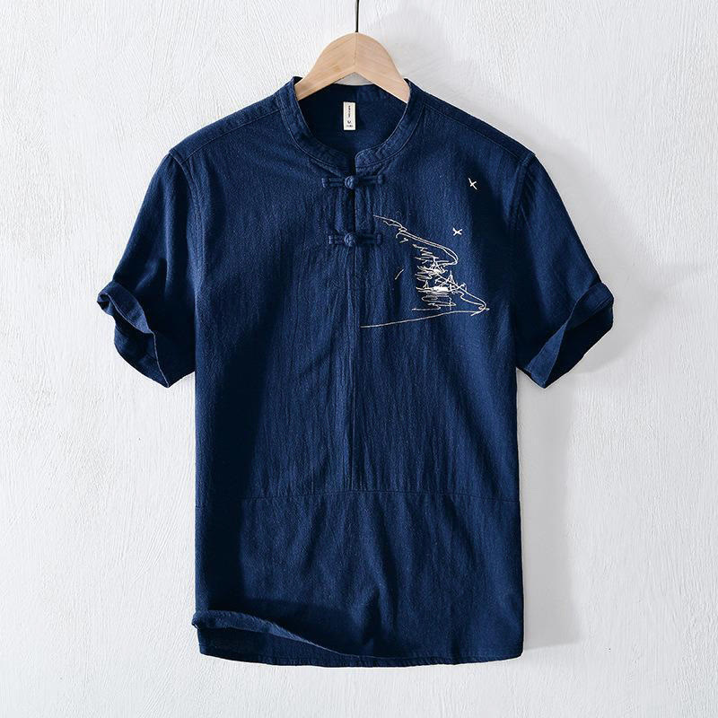 Buddha Stonesカエルボタン マンダリンカラー 刺繍 コットンリネン 半袖 メンズシャツ - 海軍 - US/UK/AU42、 EU52 (3XL) - image 0