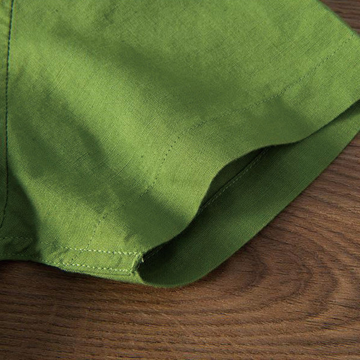 Buddha Stonesソフト刺繍 鶴柄 スタンドカラー コットンリネン ハーフボタン メンズシャツ