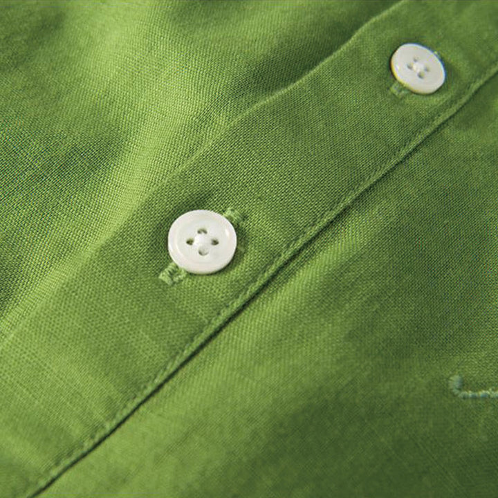 Buddha Stonesソフト刺繍 鶴柄 スタンドカラー コットンリネン ハーフボタン メンズシャツ