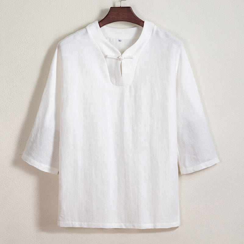 Buddha Stonesホワイト フロッグボタン リネン 七分袖 メンズシャツ - 白 - US/UK/AU44、 EU54 (4XL) - image 0