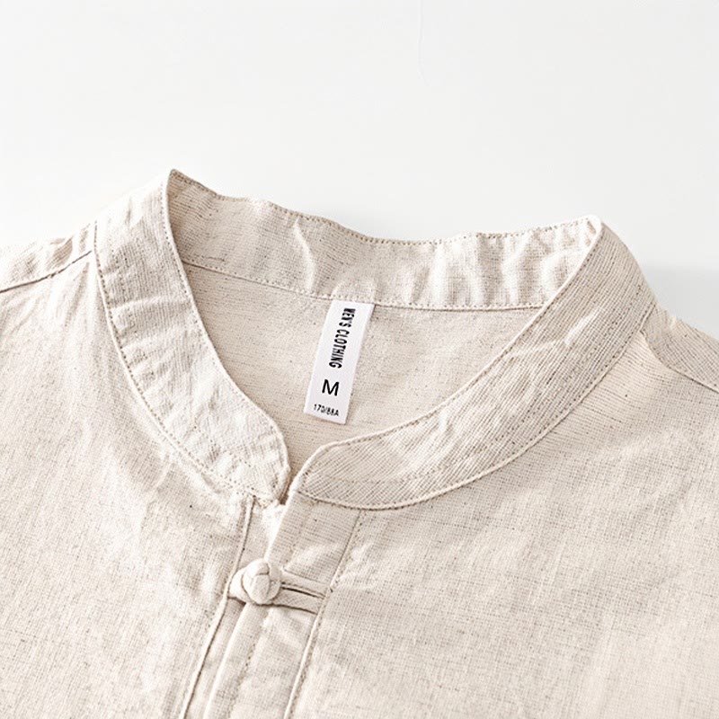 Buddha Stonesソフトプレーンフロッグボタンクルーネックコットンリネンハーフボタンメンズシャツ - image 1