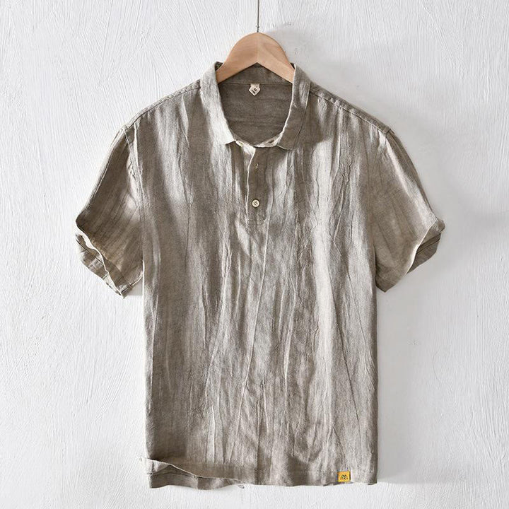 Buddha Stonesシンプルデザイン 半袖 ラペル リネン ハーフボタン メンズシャツ - ダークカーキ - US/UK/AU42、 EU52 (3XL) - image 0