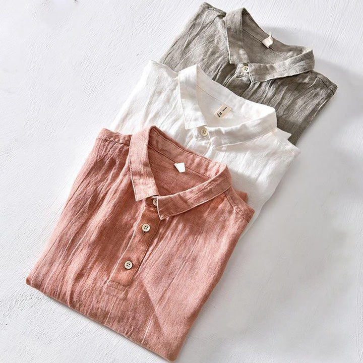 Buddha Stonesシンプルデザイン 半袖 ラペル リネン ハーフボタン メンズシャツ - image 16