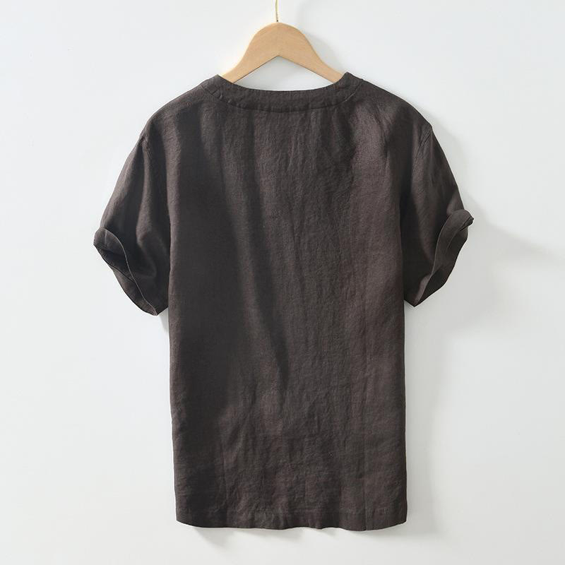 Buddha Stonesカジュアル 無地 Vネック 半袖 リネン メンズ シャツ