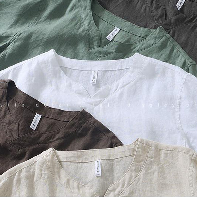 Buddha Stonesカジュアル 無地 Vネック 半袖 リネン メンズ シャツ - image 27