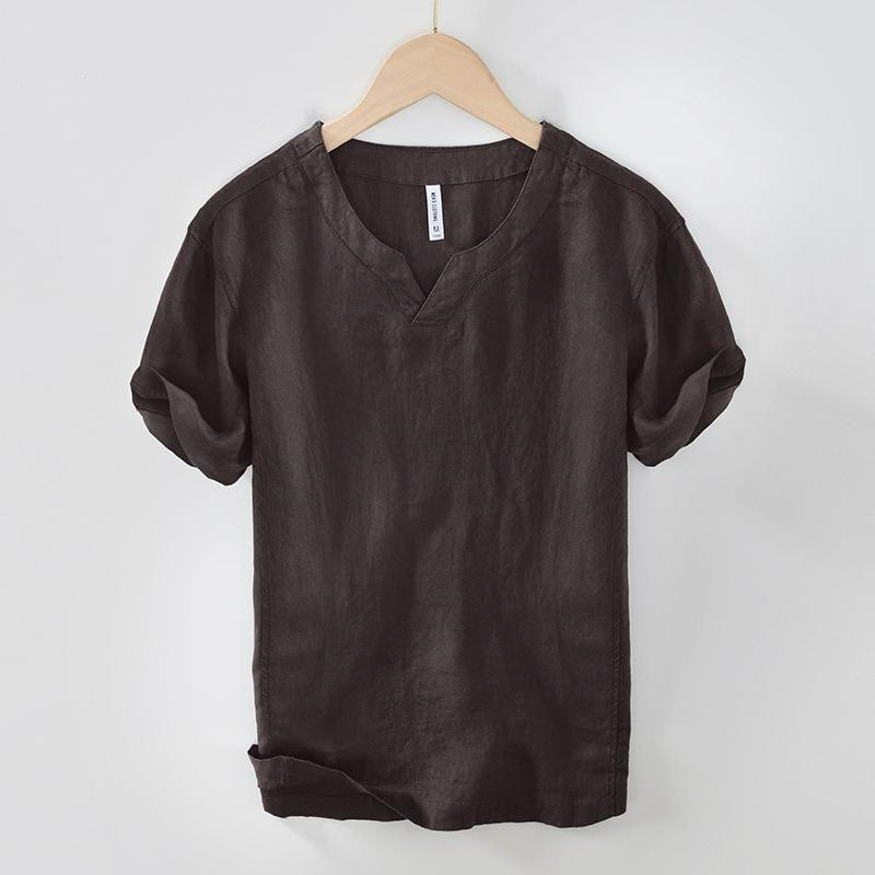 Buddha Stonesカジュアル 無地 Vネック 半袖 リネン メンズ シャツ - サドルブラウン - US/UK/AU42、 EU52 (3XL) - image 5