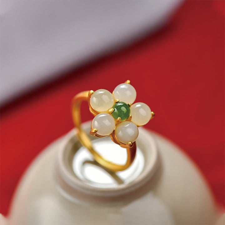 Buddha Stones925スターリングシルバー天然和田翡翠桃の花幸運調節可能リング