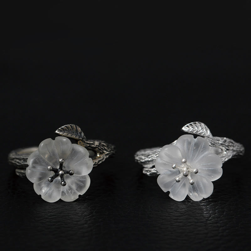 Buddha Stones925スターリングシルバー ホワイトクリスタル スケルトンフラワー 調節可能 ヒーリングリング - image 1