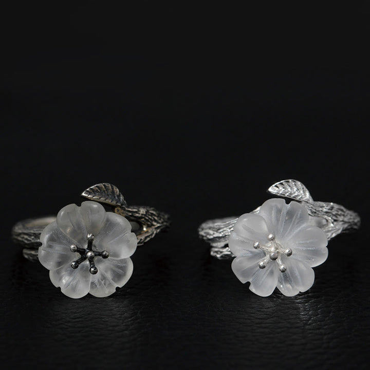 Buddha Stones925スターリングシルバー ホワイトクリスタル スケルトンフラワー 調節可能 ヒーリングリング - image 1