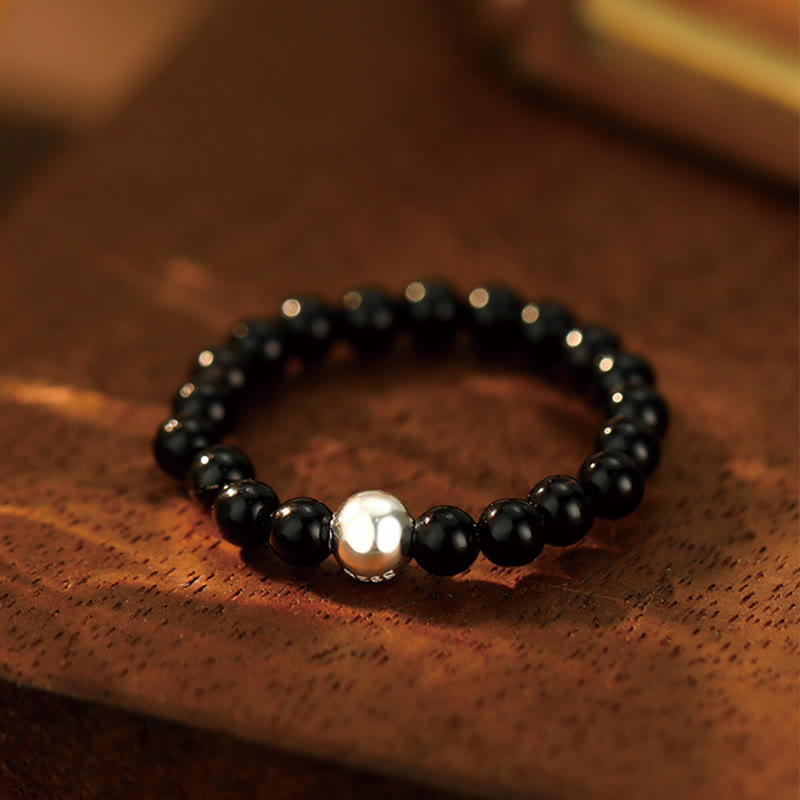 Buddha Stones925 スターリングシルバー クリスタルビーズ ホワイトジェイド ブラックオニキス 祝福 弾性リング