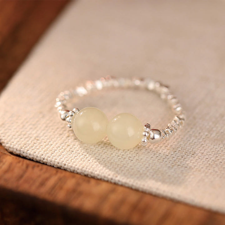 Buddha Stones925スターリングシルバー天然小和田翡翠ビーズ幸運弾性リング