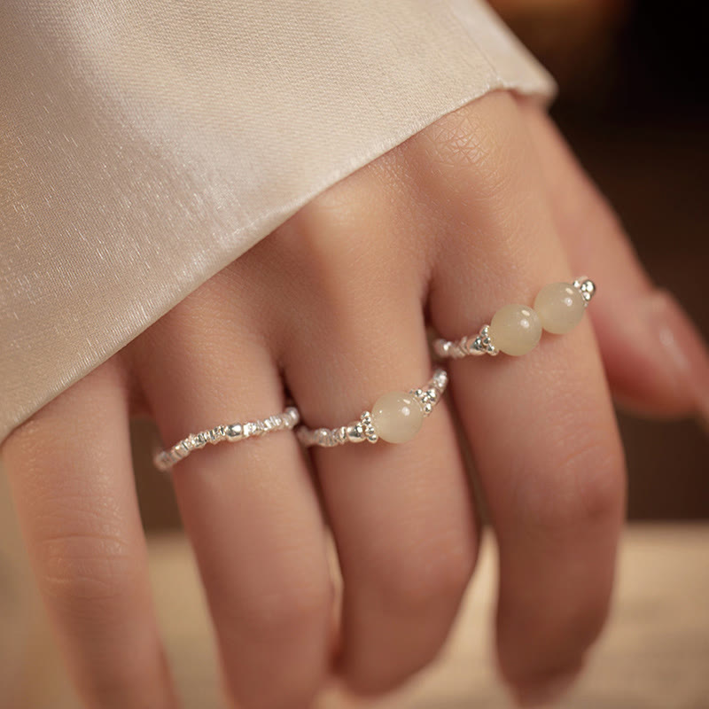 Buddha Stones925スターリングシルバー天然小和田翡翠ビーズ幸運弾性リング - image 0