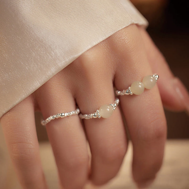 Buddha Stones925スターリングシルバー天然小和田翡翠ビーズ幸運弾性リング - image 0