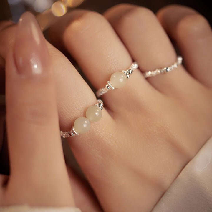 Buddha Stones925スターリングシルバー天然小和田翡翠ビーズ幸運弾性リング