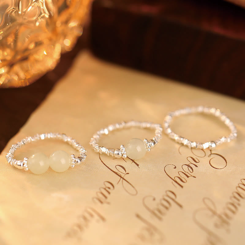 Buddha Stones925スターリングシルバー天然小和田翡翠ビーズ幸運弾性リング