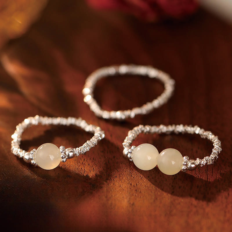 Buddha Stones925スターリングシルバー天然小和田翡翠ビーズ幸運弾性リング - image 1