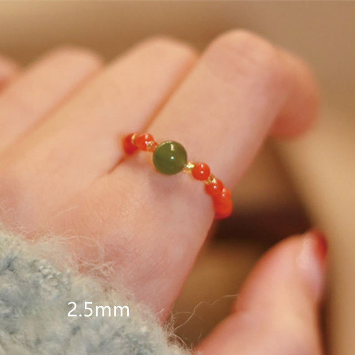 Buddha Stones 925スターリングシルバー 天然小粒 和田翡翠 赤瑪瑙 パールビーズ 繁栄の弾性リング