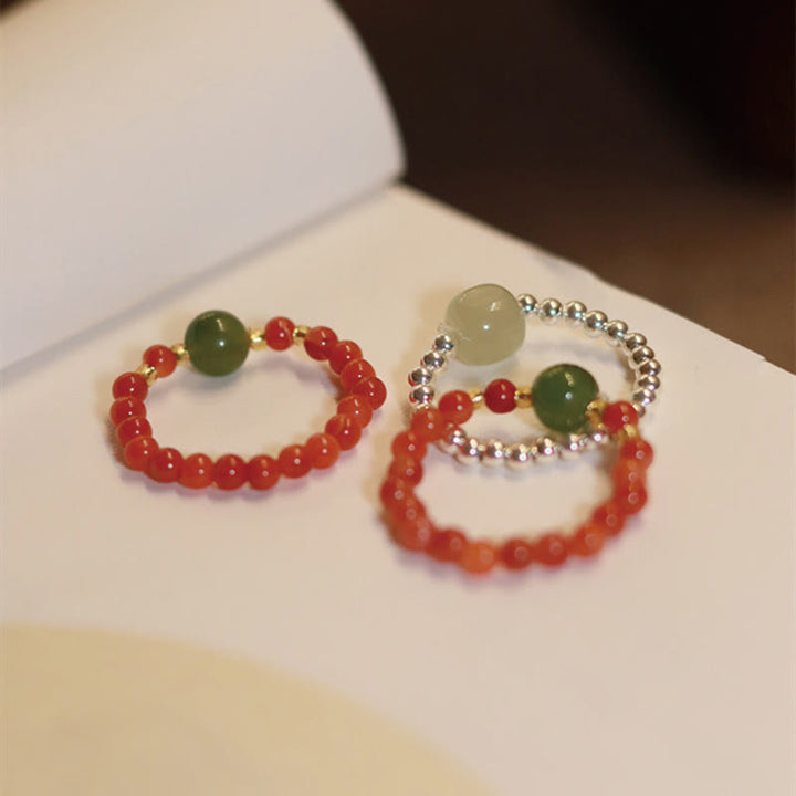 Buddha Stones 925スターリングシルバー 天然小粒 和田翡翠 赤瑪瑙 パールビーズ 繁栄の弾性リング