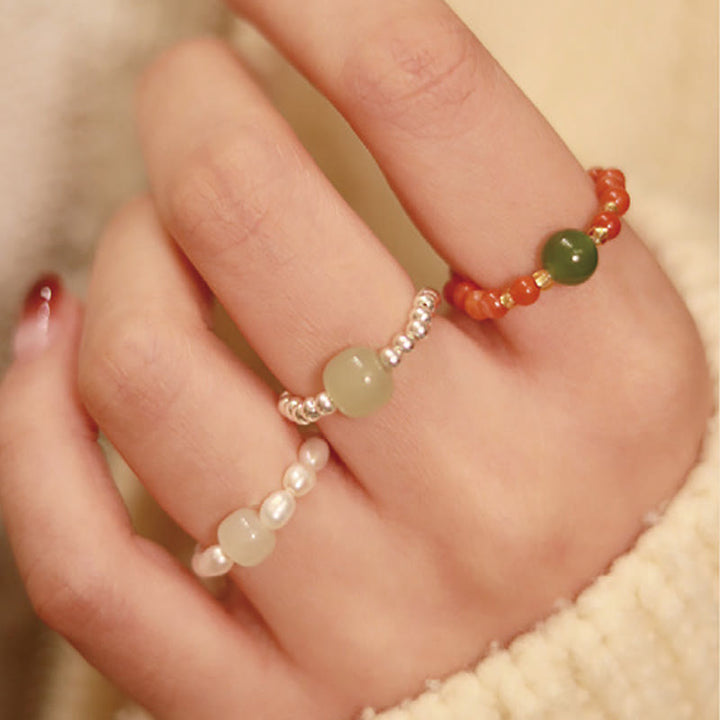 Buddha Stones 925スターリングシルバー 天然小粒 和田翡翠 赤瑪瑙 パールビーズ 繁栄の弾性リング